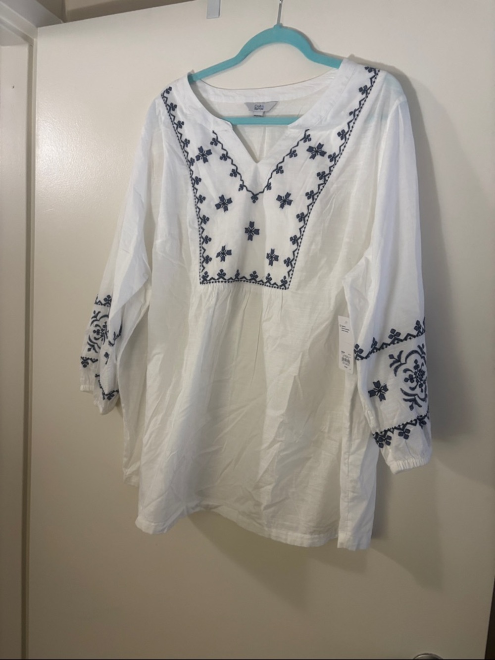croft & barrow White Tunic with Navy Embroidery